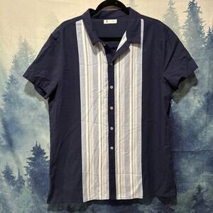 Y2K Beotyshow Shirt Mens Medium Blue Short Sleeve Button Front‎ Camp Striped